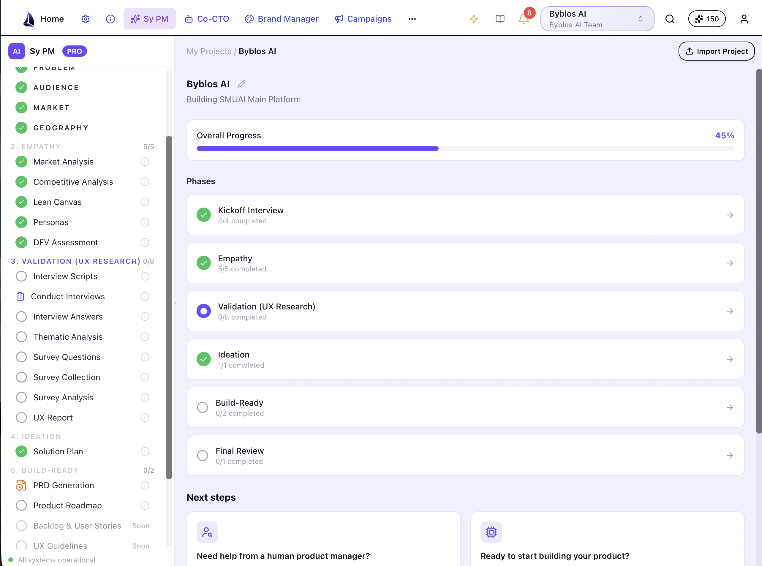 Sy PM product workspace showing product phases and overall progress